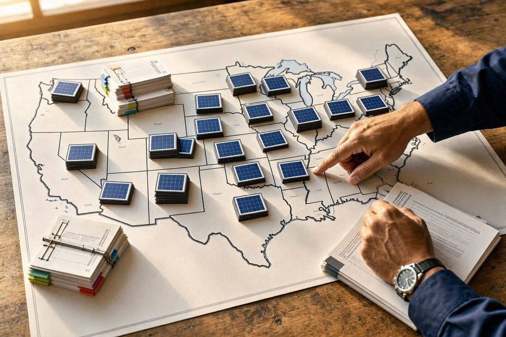 Map of the United States with solar panel icons