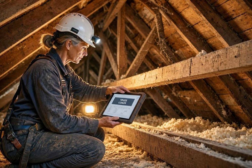 Structural engineer inspecting roof trusses in an attic with a tablet